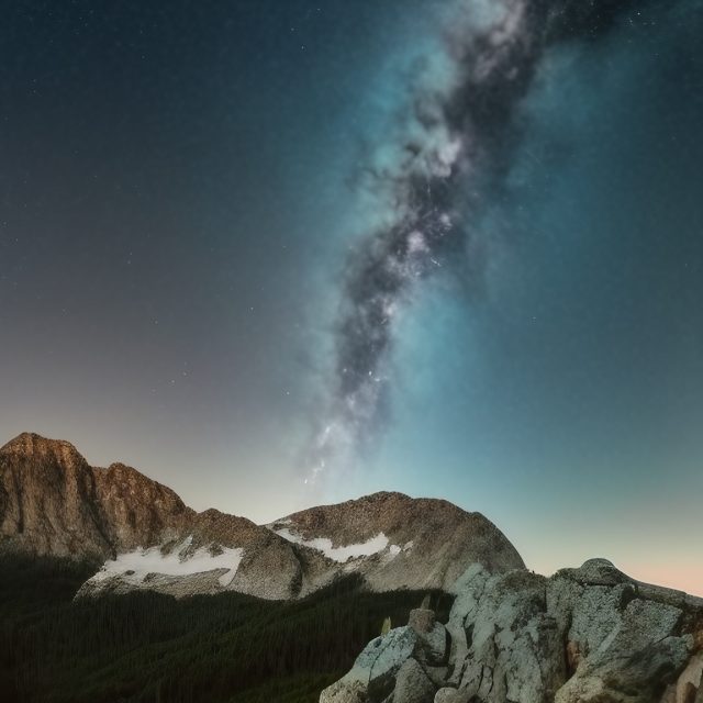 A clear night sky with milky way and stars above a mountain range.
